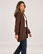 Women’s Hooded Cardigan with Knitted Finish in Brown, three quarter body view