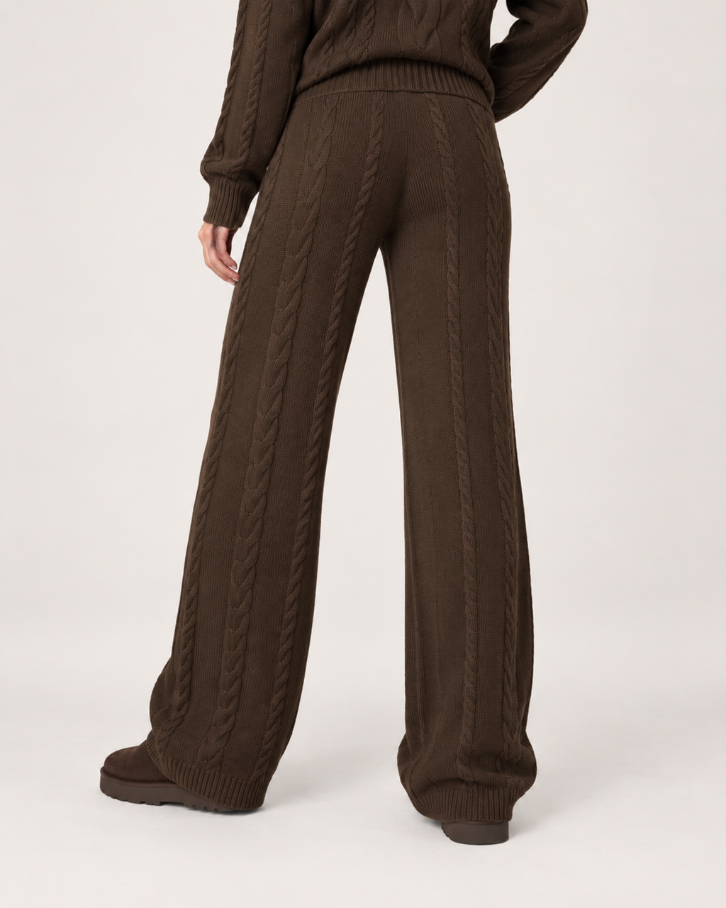 Women’s Knitted Co-Ord Set with Cable Knit Jumper and Wide Leg Trousers in Brown, lower body product focus view