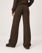 Women’s Knitted Co-Ord Set with Cable Knit Jumper and Wide Leg Trousers in Brown, lower body product focus view