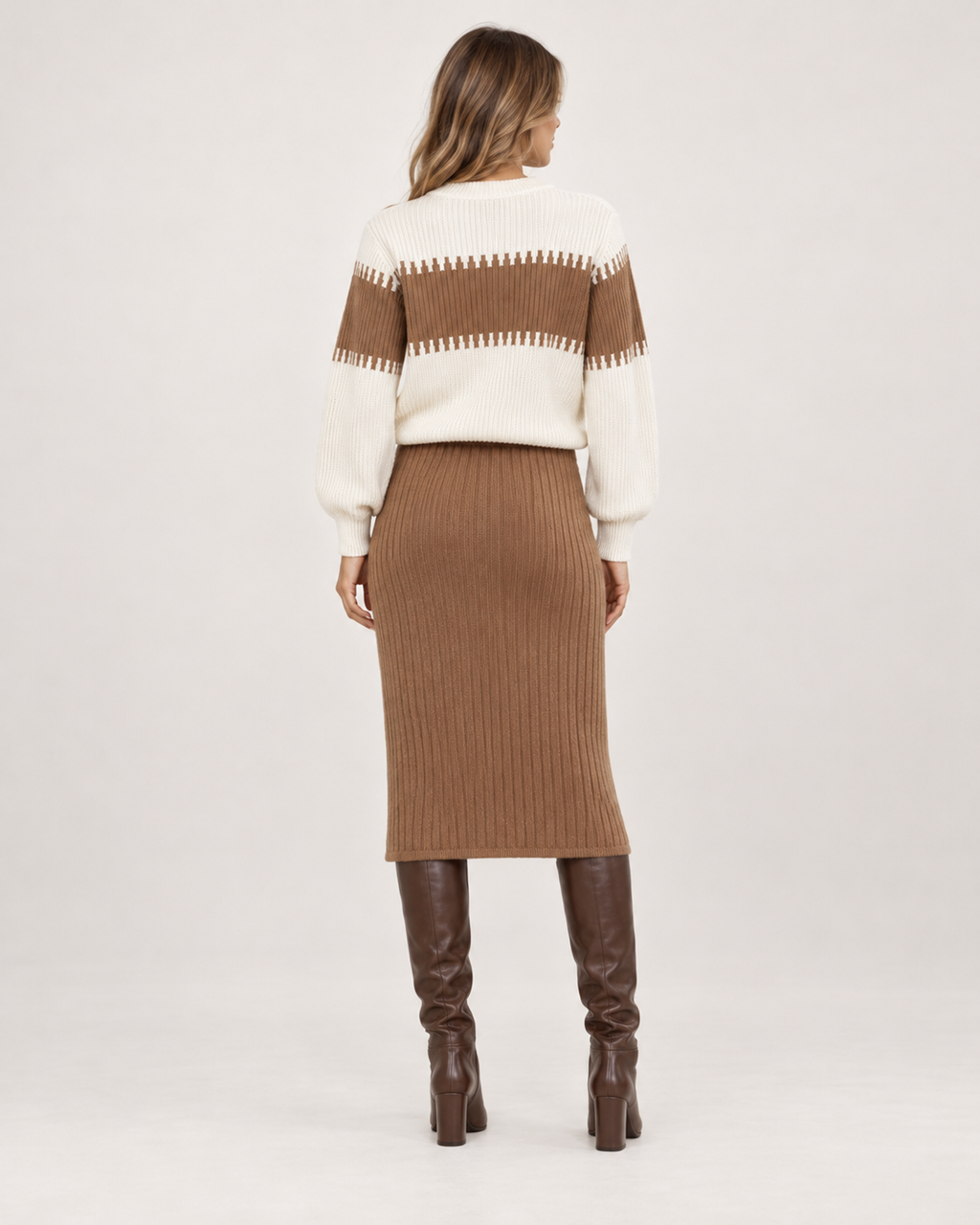 Women’s Knitted Co-Ord Set with Colour-Block Jumper and Midi Skirt in Brown, three quarter body view
