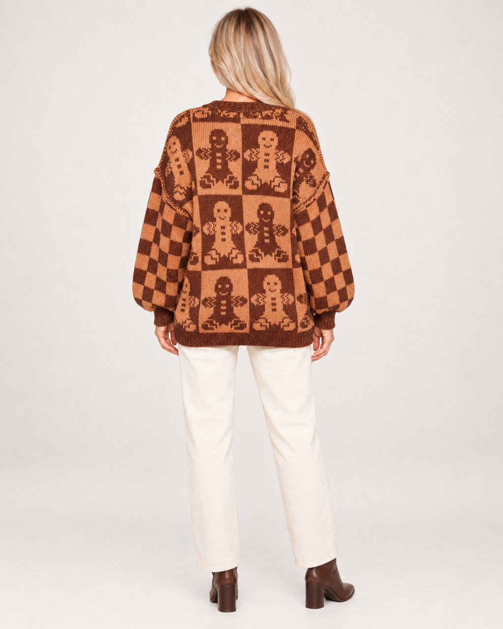 Women’s Christmas Jumper with Gingerbread Pattern in Brown, three quarter body view