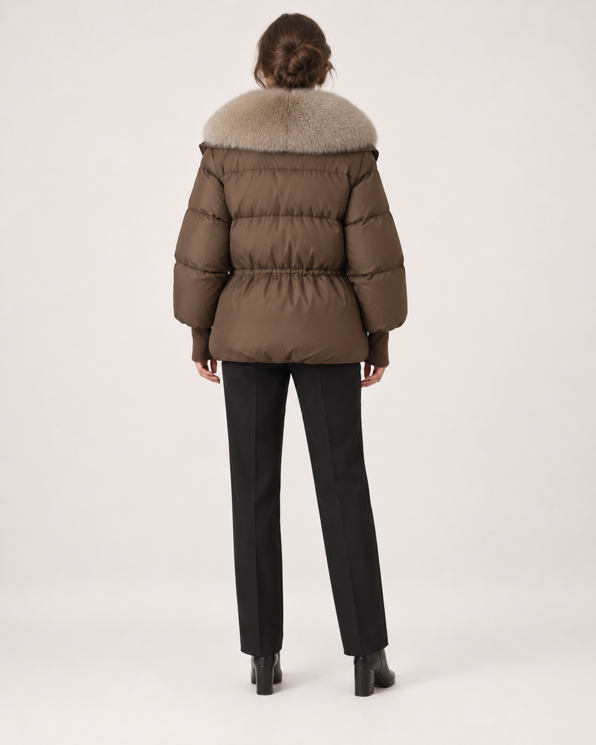 Women’s Puffer Jacket with Faux Fur Collar and Drawstring Waist in Brown, three quarter body view