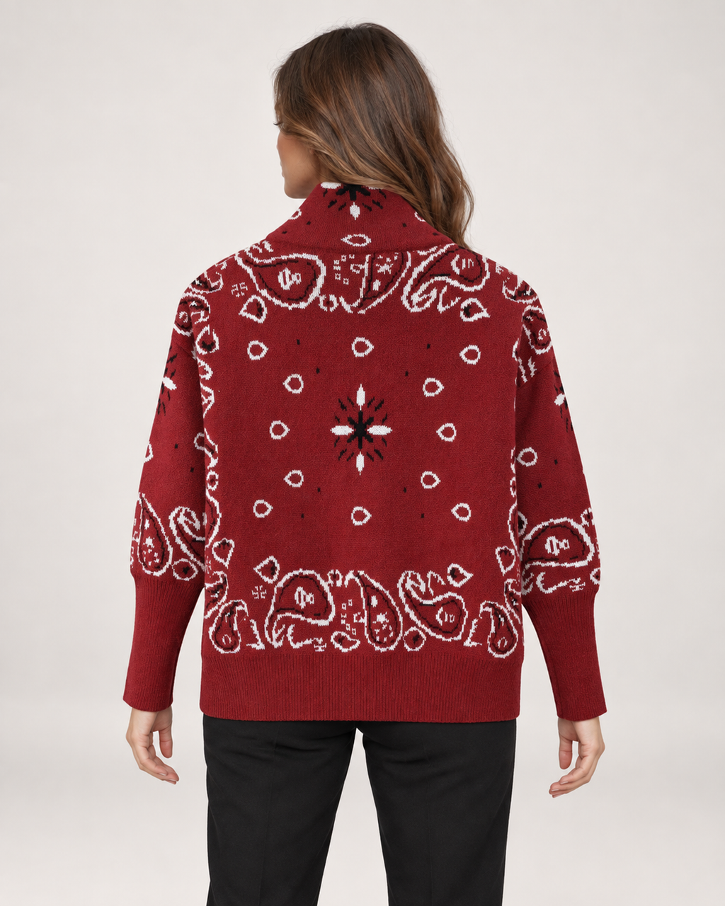 Women’s Knitted Cardigan with Zip Front and High Neck in Burgundy, three quarter body view
