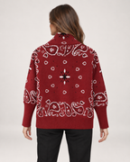 Women’s Knitted Cardigan with Zip Front and High Neck in Burgundy, three quarter body view