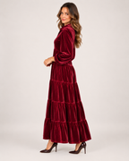 Women’s Velvet Maxi Dress with Collar and Tiered Skirt in Burgundy, three quarter body view
