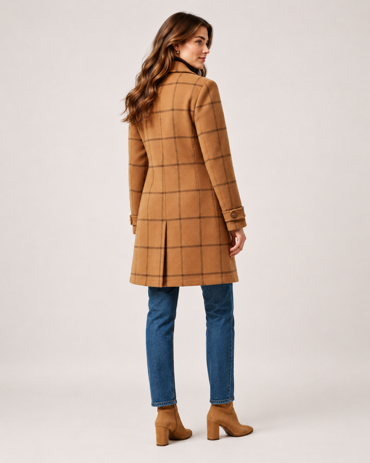 Women's Checked Coat Long Tailored Button Front Style product view