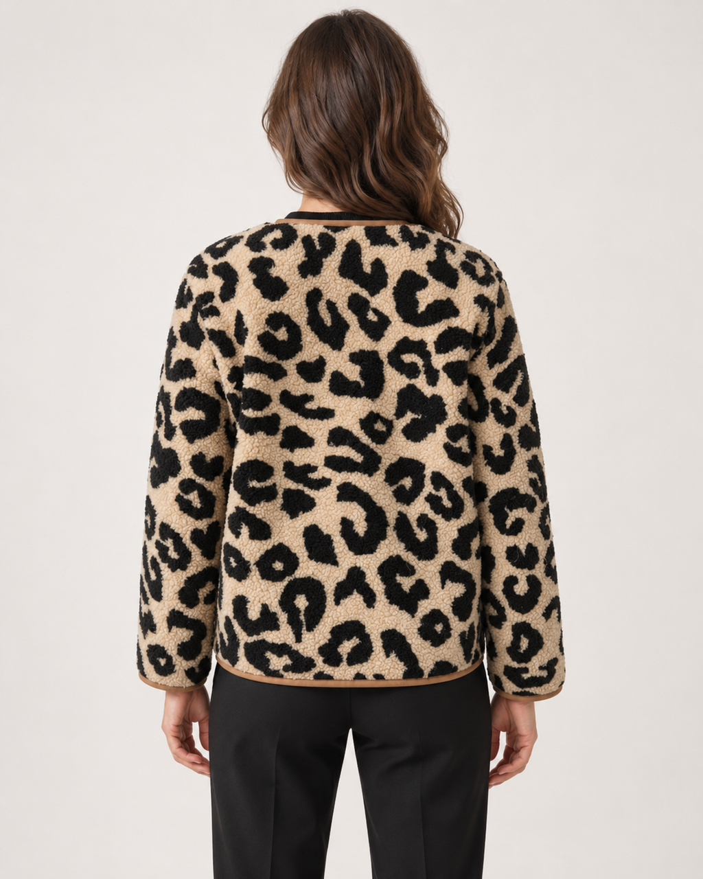 Women’s Leopard Print Jacket with Contrast Lining in Camel, three quarter body view