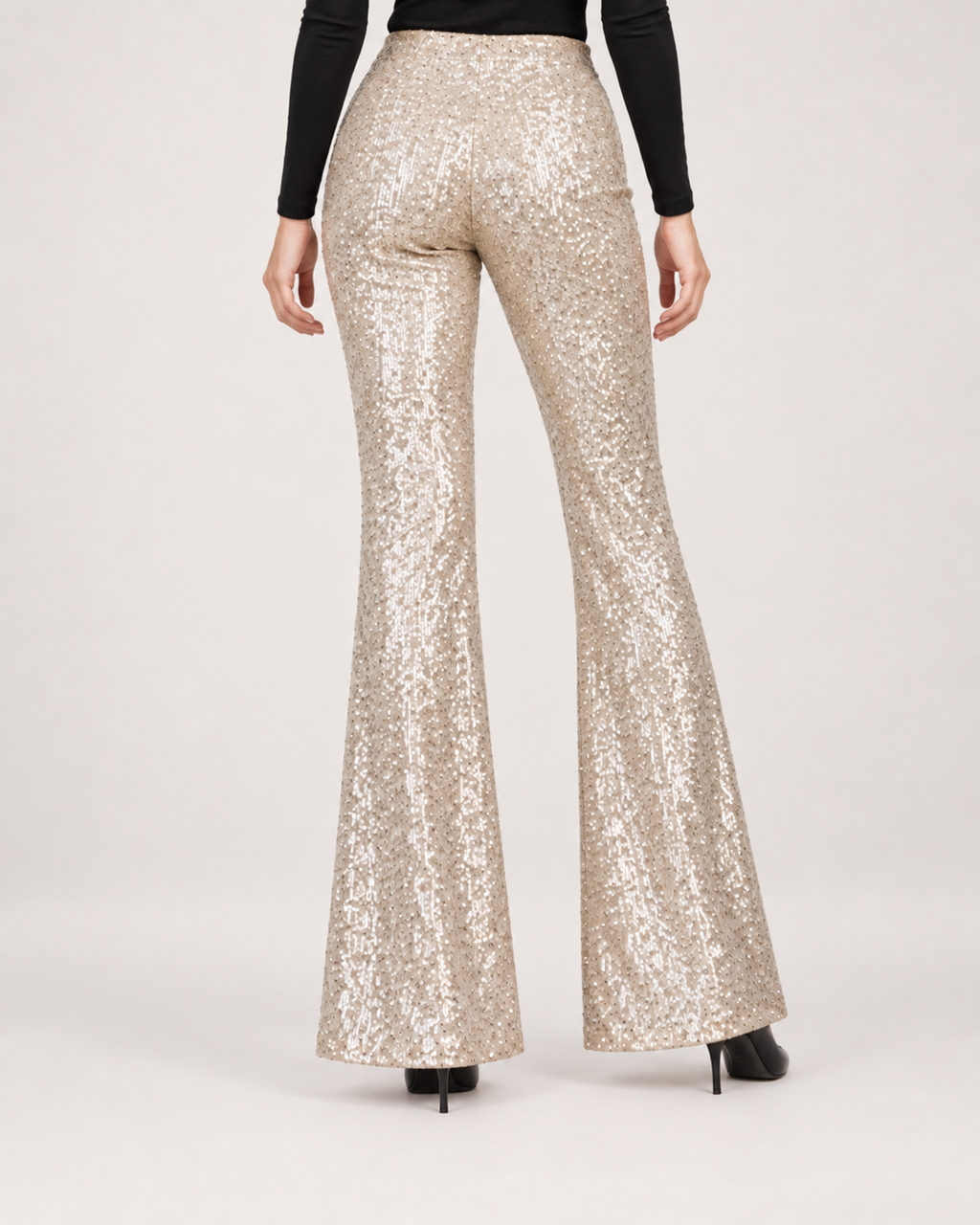 Women’s Sequin Trousers with Flared Legs in Champagne, lower body product focus view