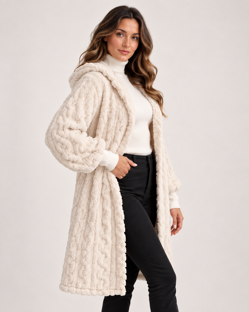 Women’s Longline Cardigan with Hood and Cable Texture in Cream, three quarter body view
