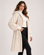 Women’s Longline Cardigan with Hood and Cable Texture in Cream, three quarter body view