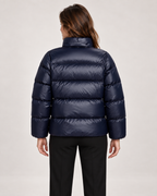 Women’s Puffer Jacket with Hood and Zip Front in Dark Blue, three quarter body view