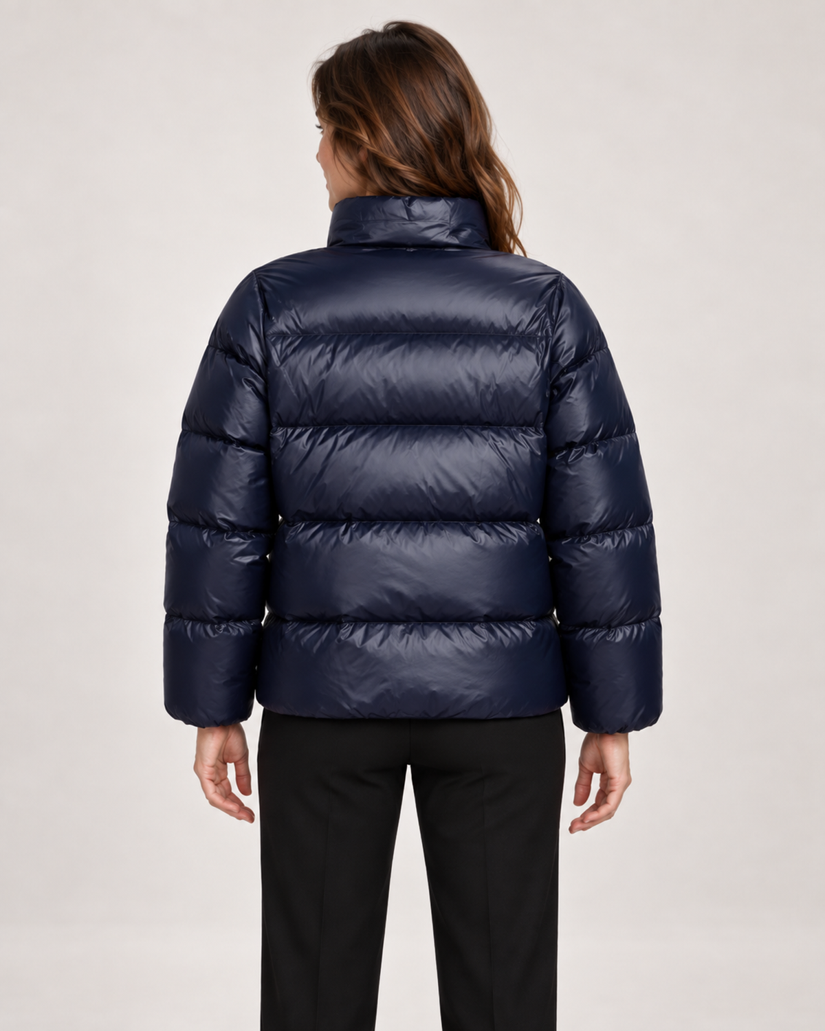 Women’s Puffer Jacket with Hood and Zip Front in Dark Blue, three quarter body view