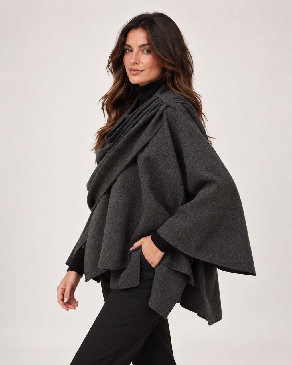 Women’s Cape Coat with Asymmetric Scarf Collar in Dark Grey, three quarter body view