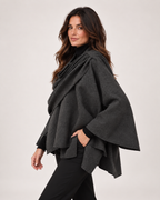 Women’s Cape Coat with Asymmetric Scarf Collar in Dark Grey, three quarter body view