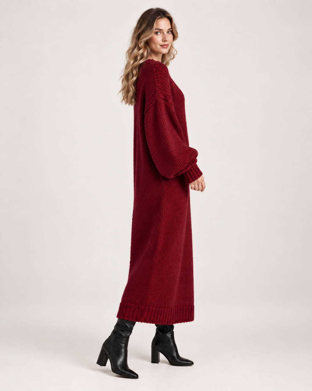 Women’s Knitted Maxi Dress with Balloon Sleeves in Dark Red, three quarter body view