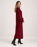 Women’s Knitted Maxi Dress with Balloon Sleeves in Dark Red, three quarter body view