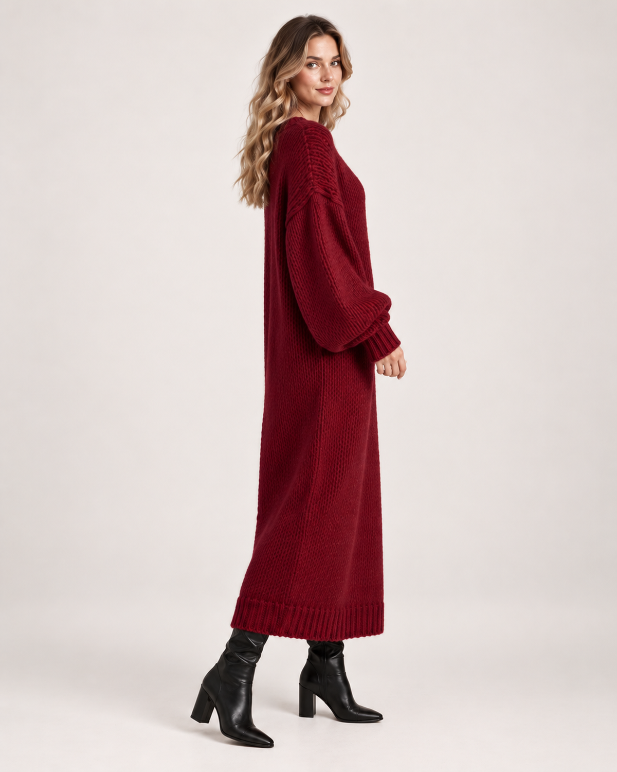 Women’s Knitted Maxi Dress with Balloon Sleeves in Dark Red, three quarter body view