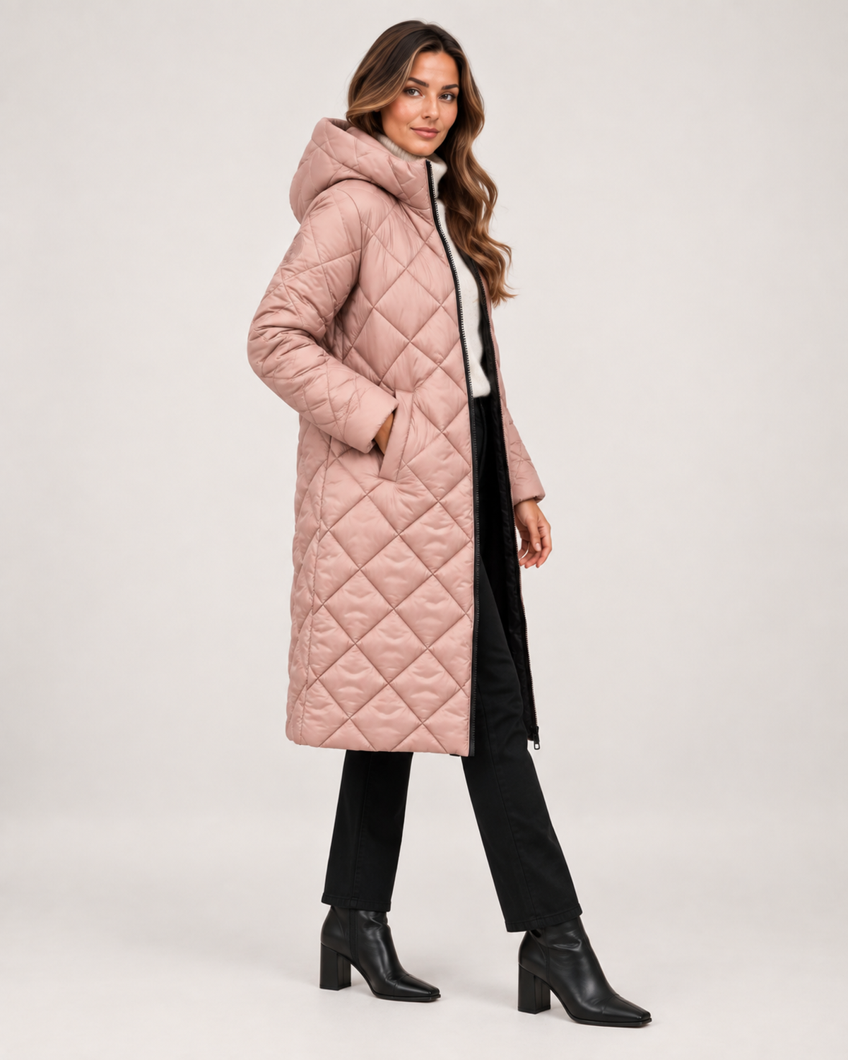 Women’s Long Puffer Jacket with Hood and Diamond Quilting in Dusty Pink, three quarter body view