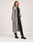 Women’s Long Cardigan with Shawl Collar in Grey, three quarter body view