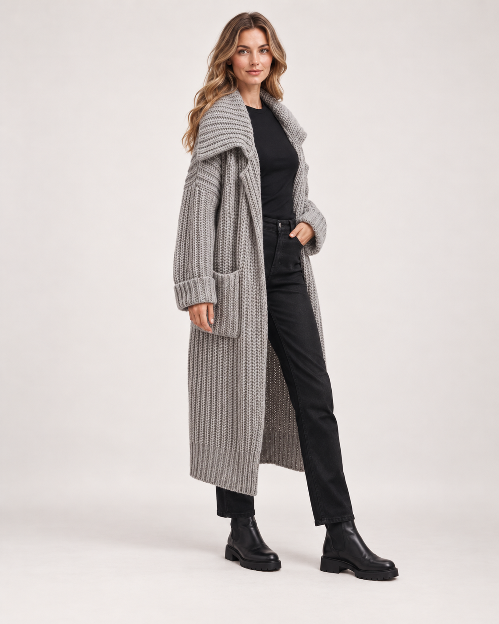 Women’s Long Cardigan with Shawl Collar in Grey, three quarter body view