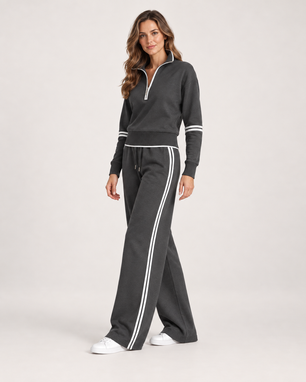 Women’s Tracksuit Set with Contrast Stripe Trim in Grey, three quarter body view