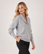 Women’s V Neck Jumper with Shawl Collar in Grey, three quarter body view