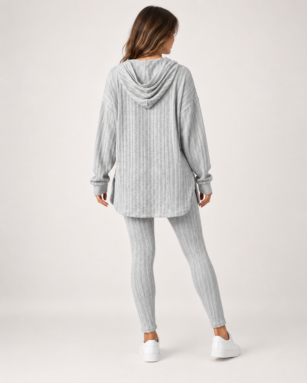 Women’s Loungewear Set with Hooded Longline Top and Leggings in Grey, three quarter body view