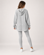 Women’s Loungewear Set with Hooded Longline Top and Leggings in Grey, three quarter body view