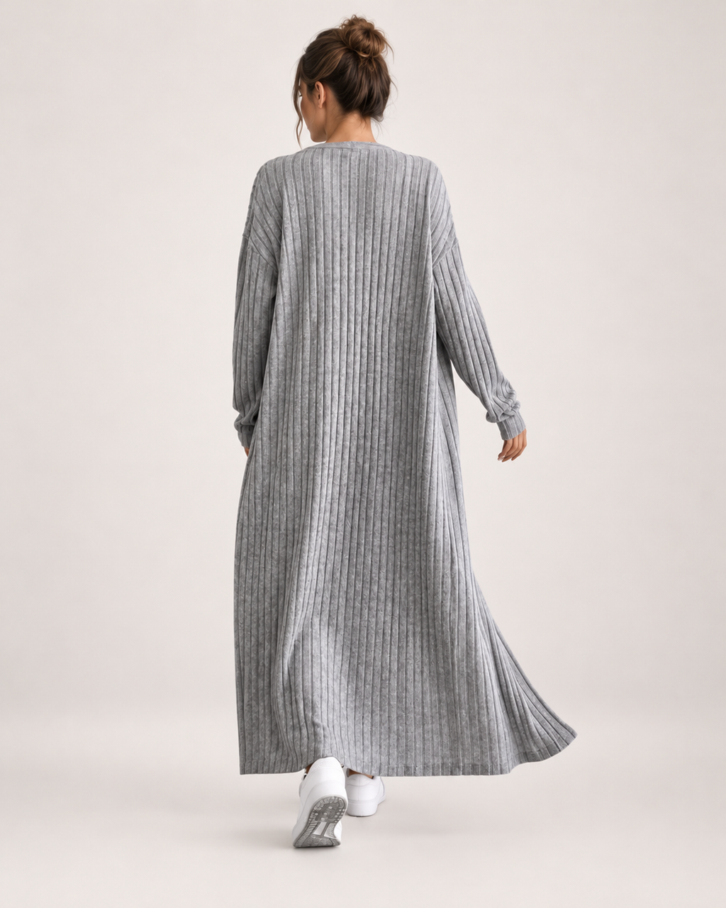 Women’s Knitted Dress Set with Long Cardigan in Grey, three quarter body view