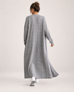 Women’s Knitted Dress Set with Long Cardigan in Grey, three quarter body view