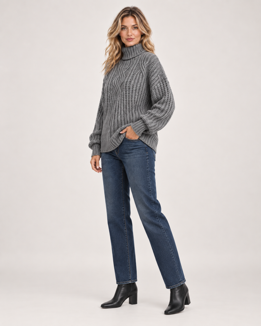 Women’s Roll Neck Jumper with Cable Knit in Grey, three quarter body view