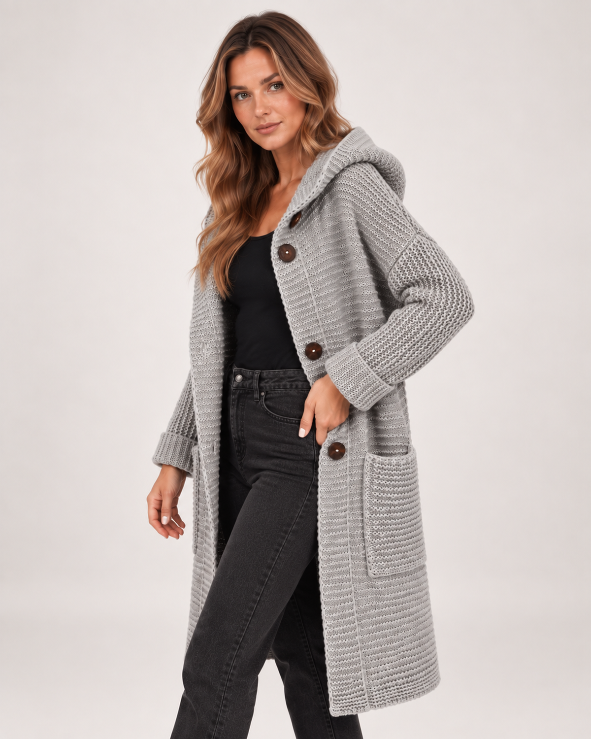 Women’s Long Hooded Cardigan with Chunky Texture in Grey, three quarter body view