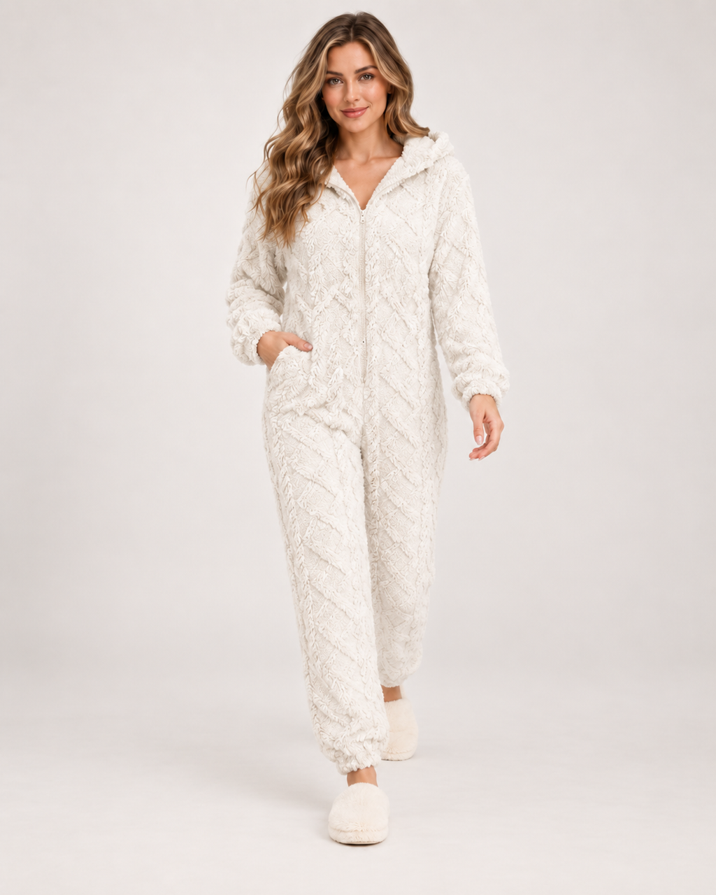 Women’s Fleece Pyjamas with Hood and Zip Front in Ivory, three quarter body view