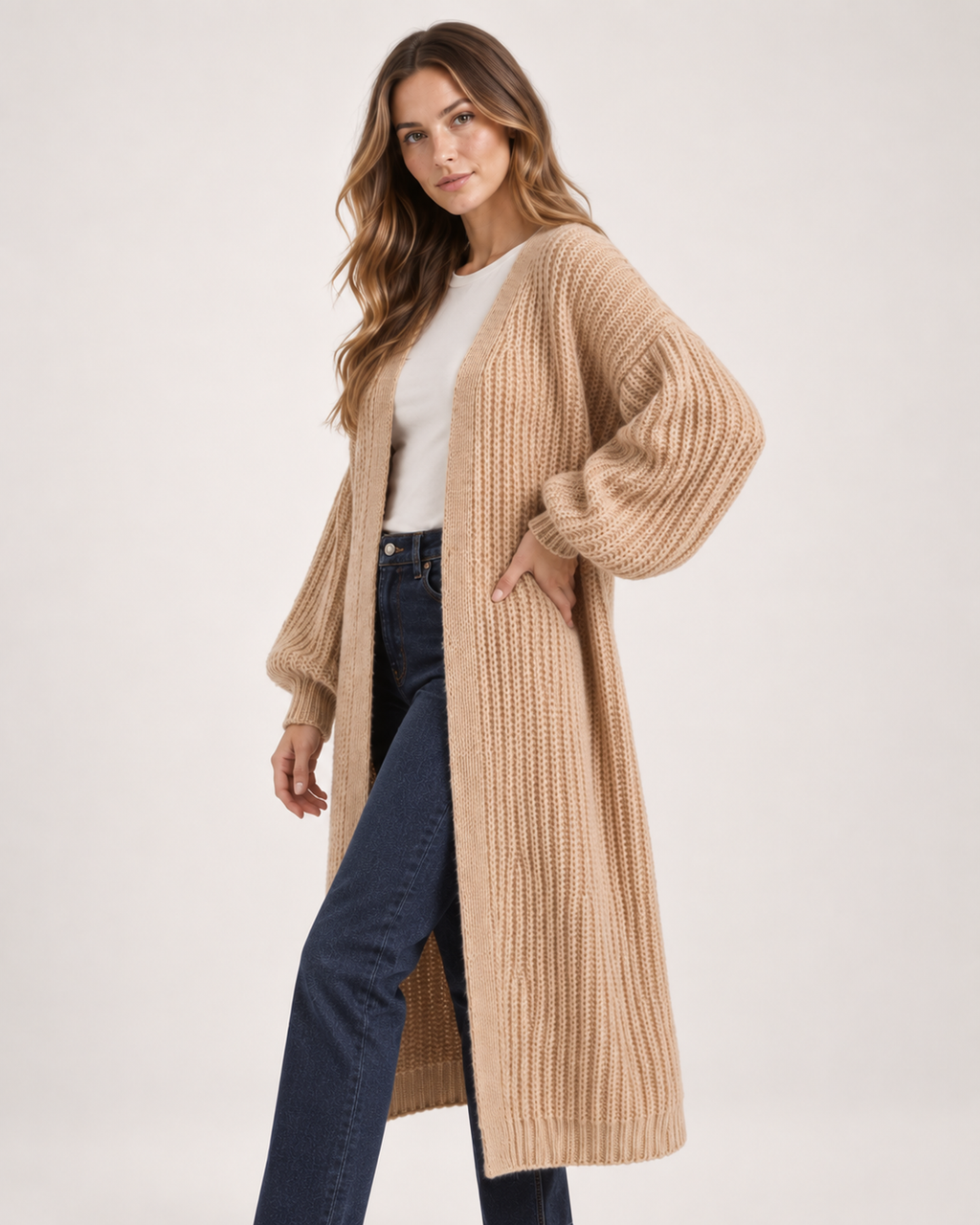 Women’s Long Cardigan with Balloon Sleeves in Khaki, three quarter body view
