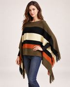 Women’s Poncho with Colour Block Design and Tassel Hem in Khaki, three quarter body view