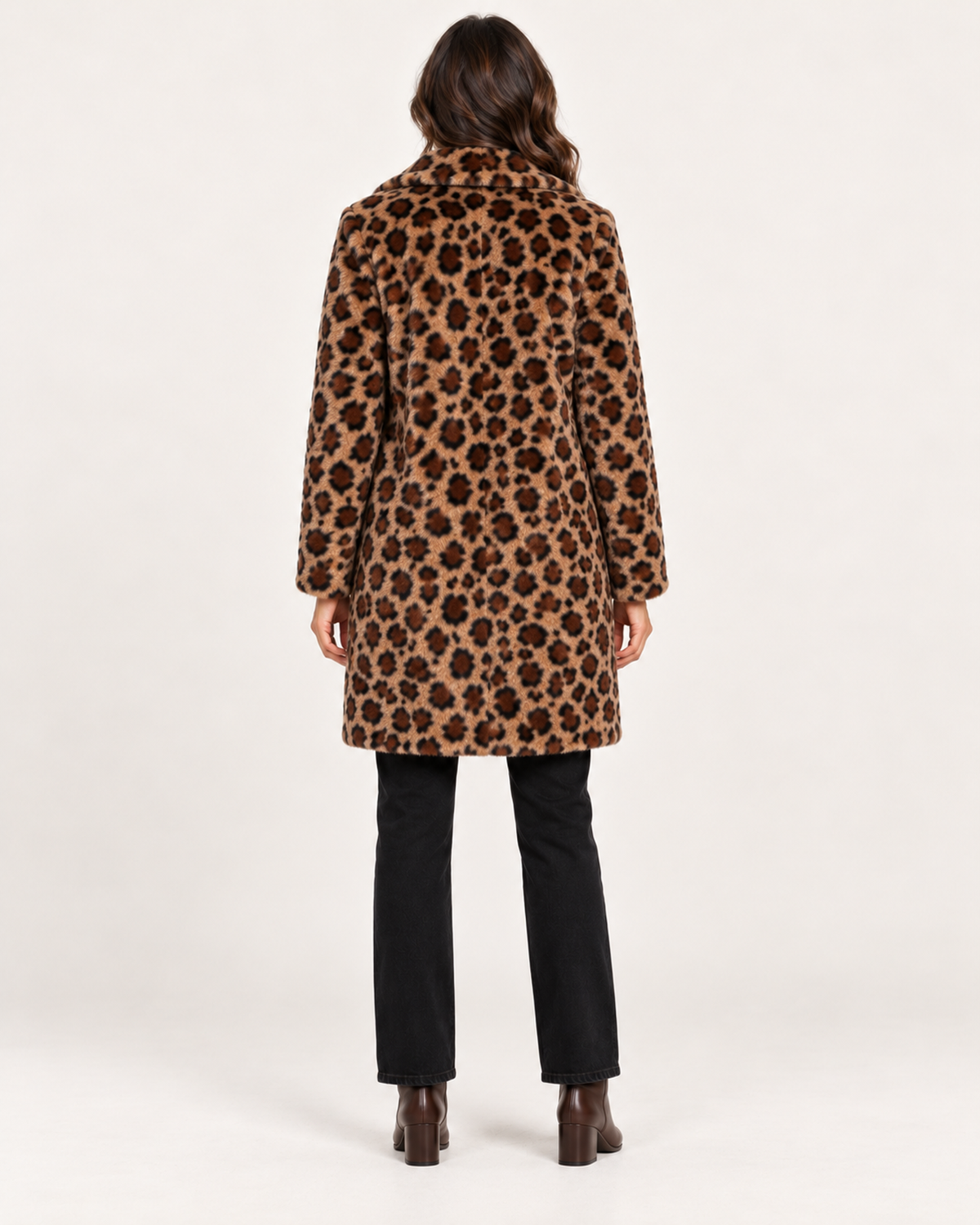 Women’s Faux Fur Coat with Leopard Print and Lapel Collar in Leopard Print, three quarter body view