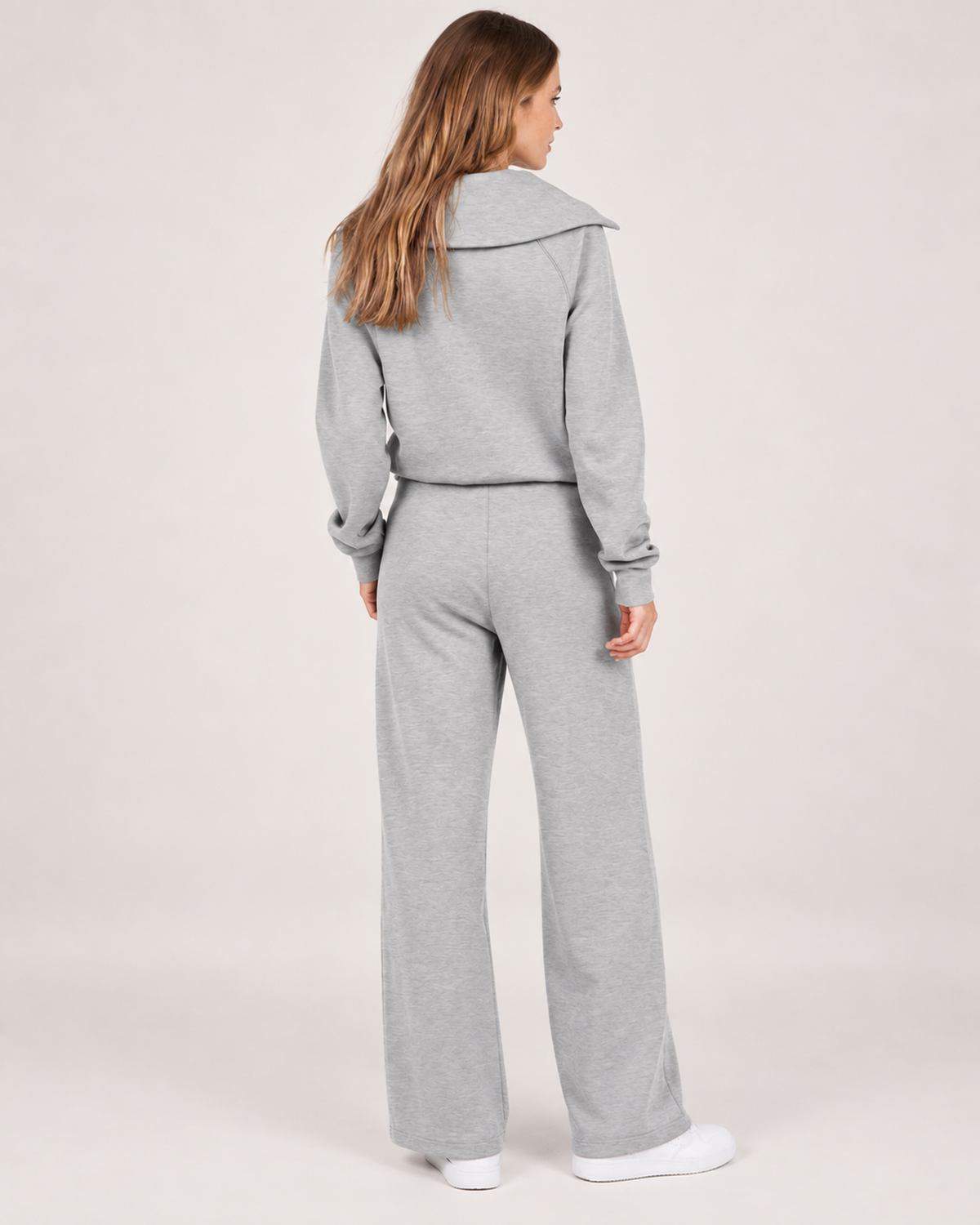 Women’s Tracksuit Set with Half-Zip Top and Wide-Leg Trousers in Light Grey, three quarter body view