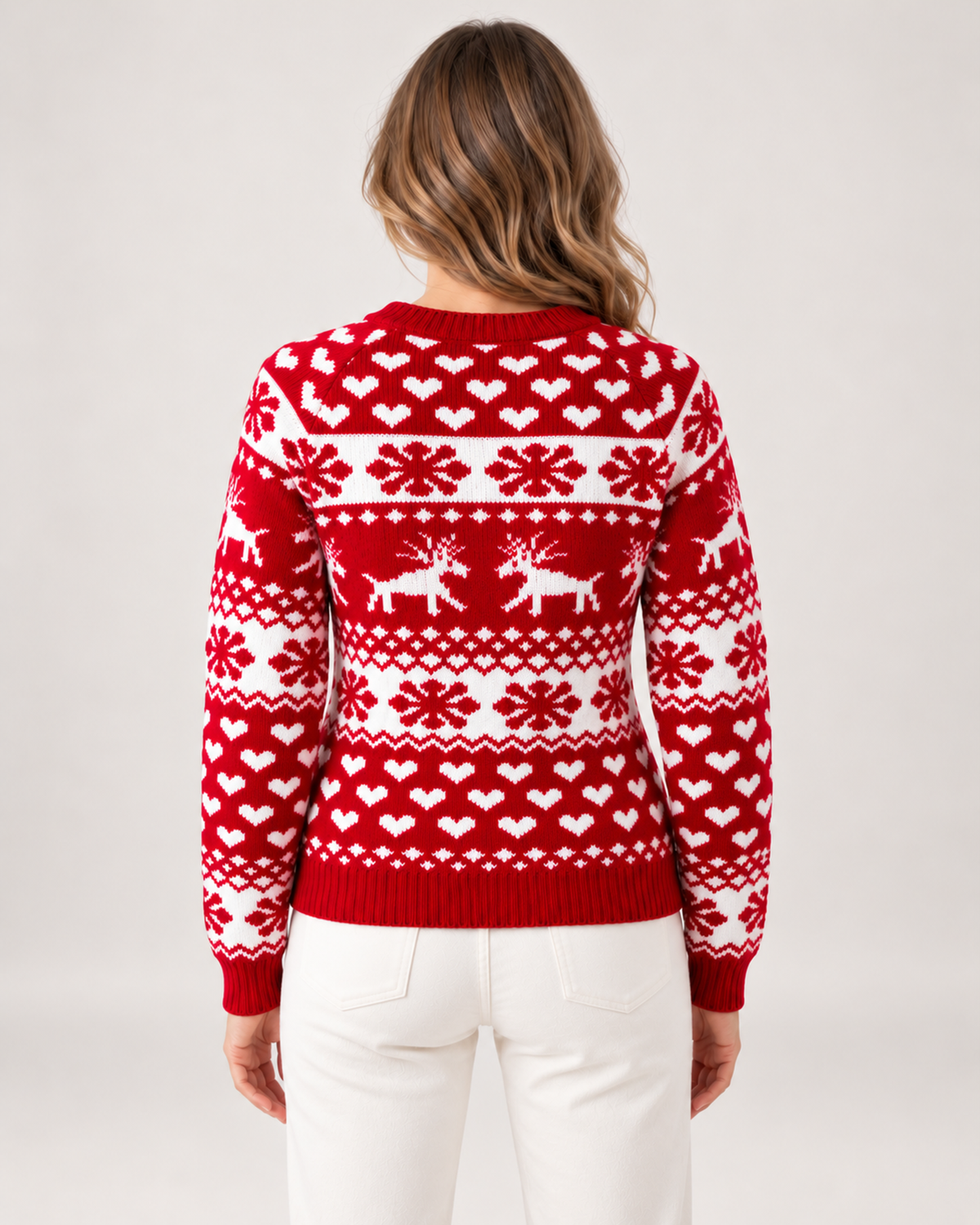 Back view of women's red Christmas jumper