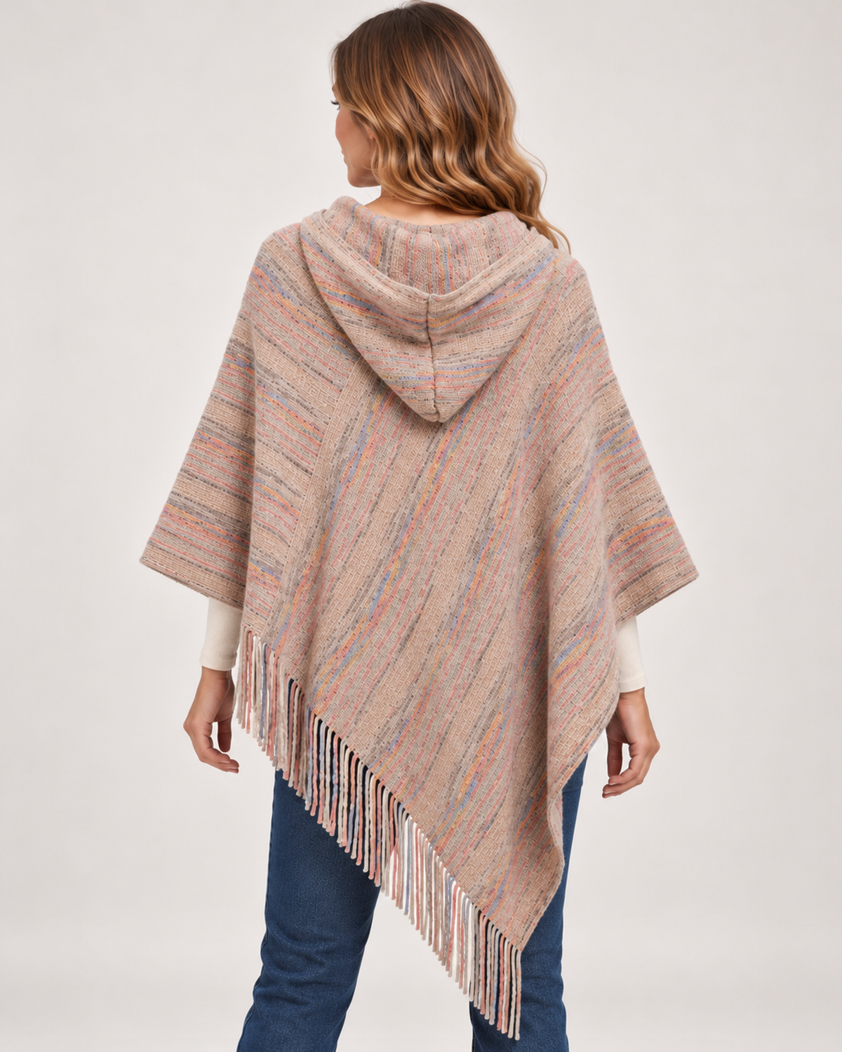 Back view of women's striped hooded poncho