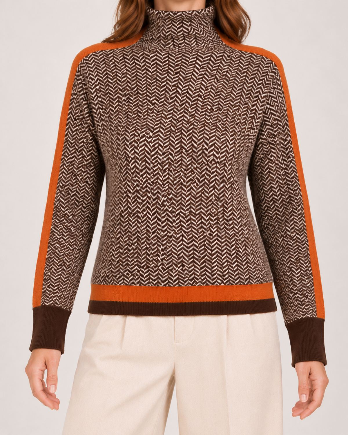 Women's orange contrast sleeve roll neck jumper pattern and trim detail