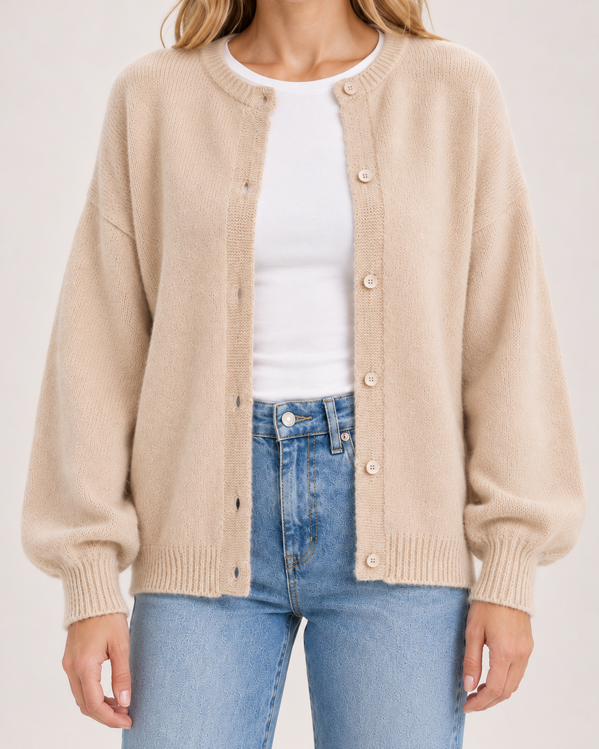 Women’s beige button cardigan – knit and sleeve detail