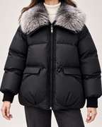Women’s black puffer jacket faux fur collar and zip detail