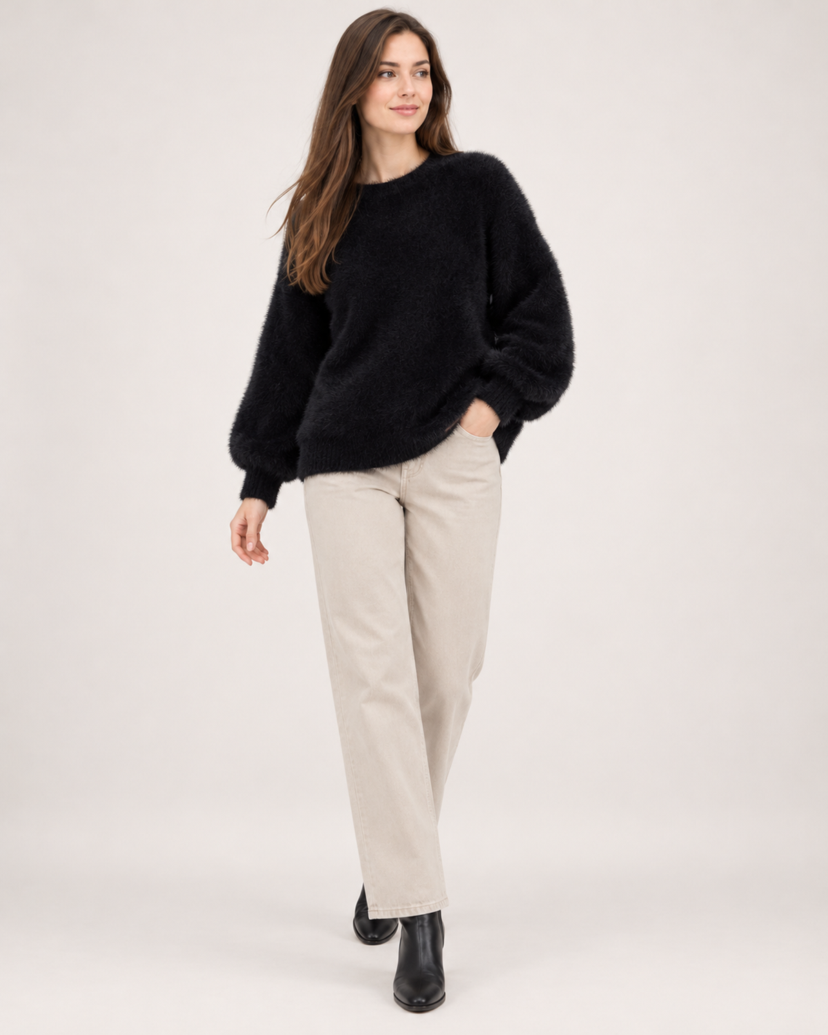 Women's black fluffy crew neck jumper full length styling view