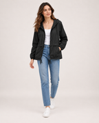 Women's black lightweight hooded utility jacket full length styling view