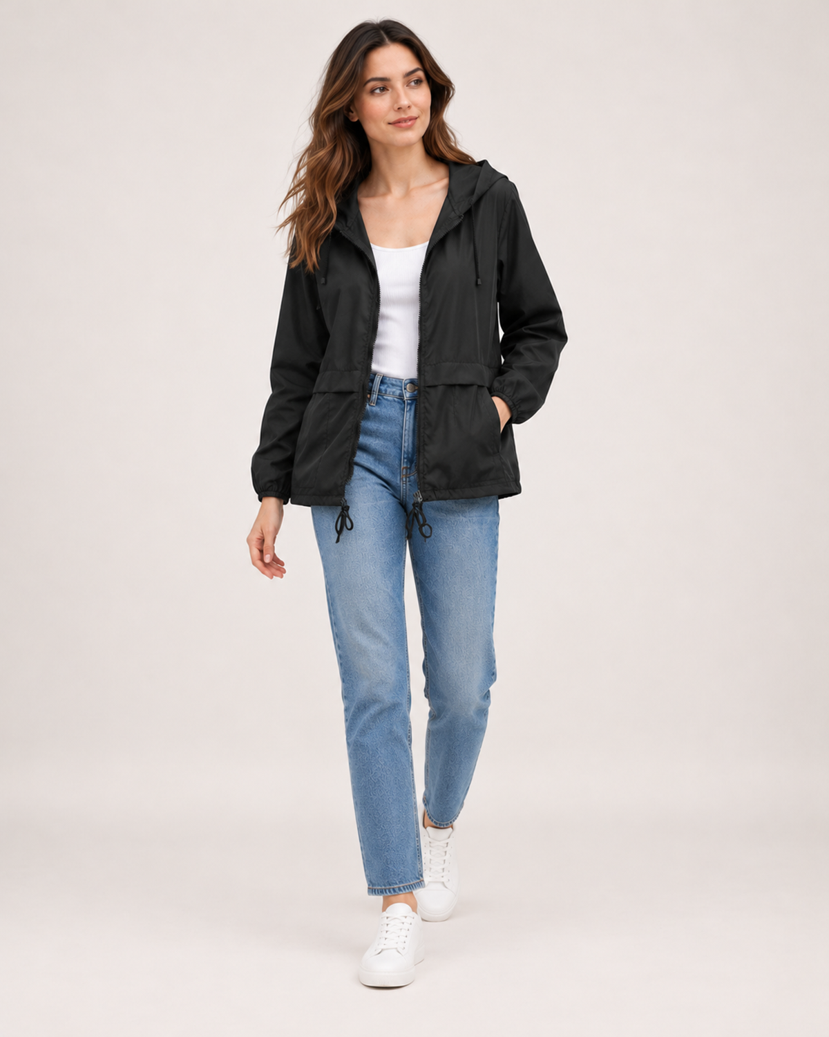 Women's black lightweight hooded utility jacket full length styling view