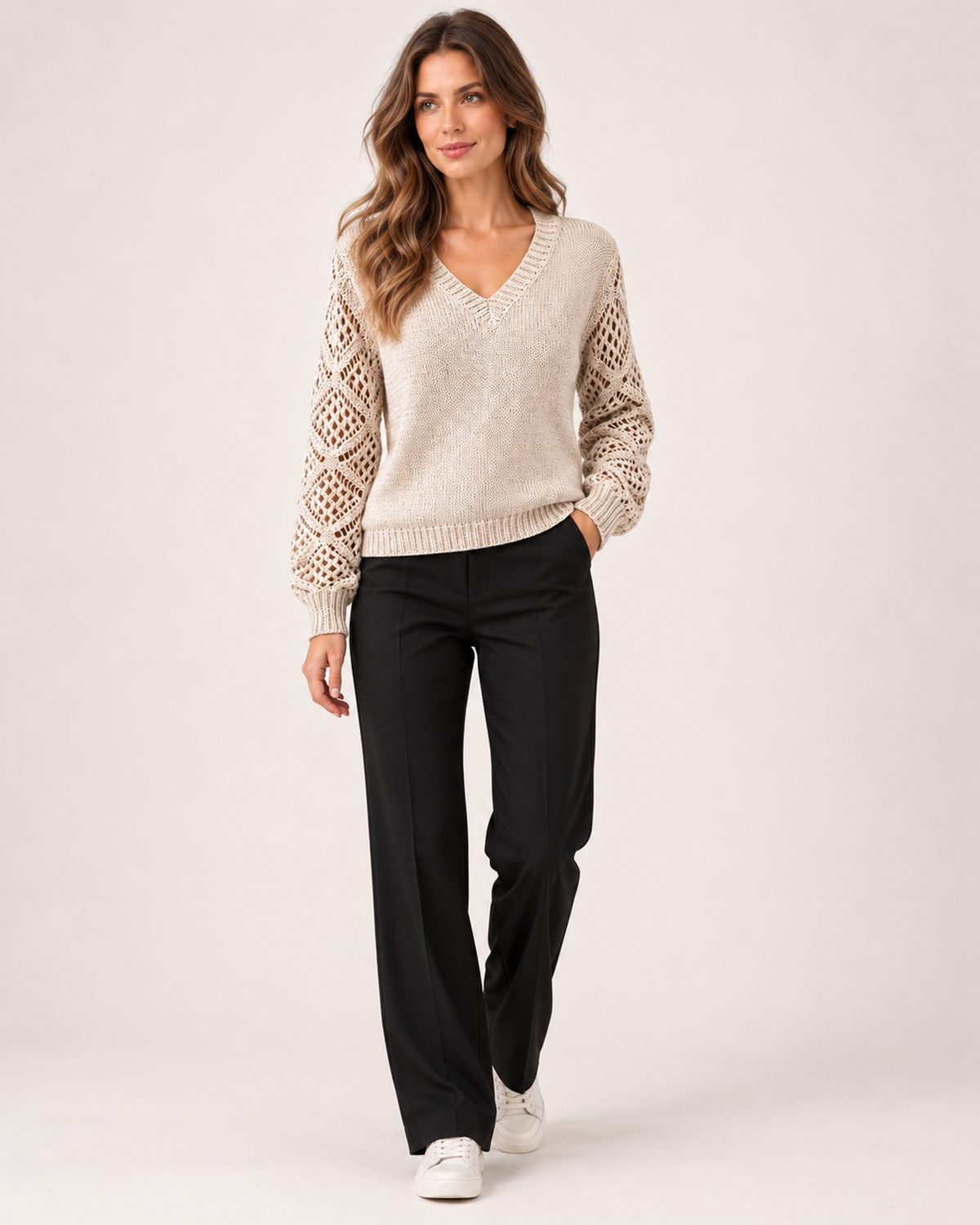 Women's beige V neck jumper full length styling view