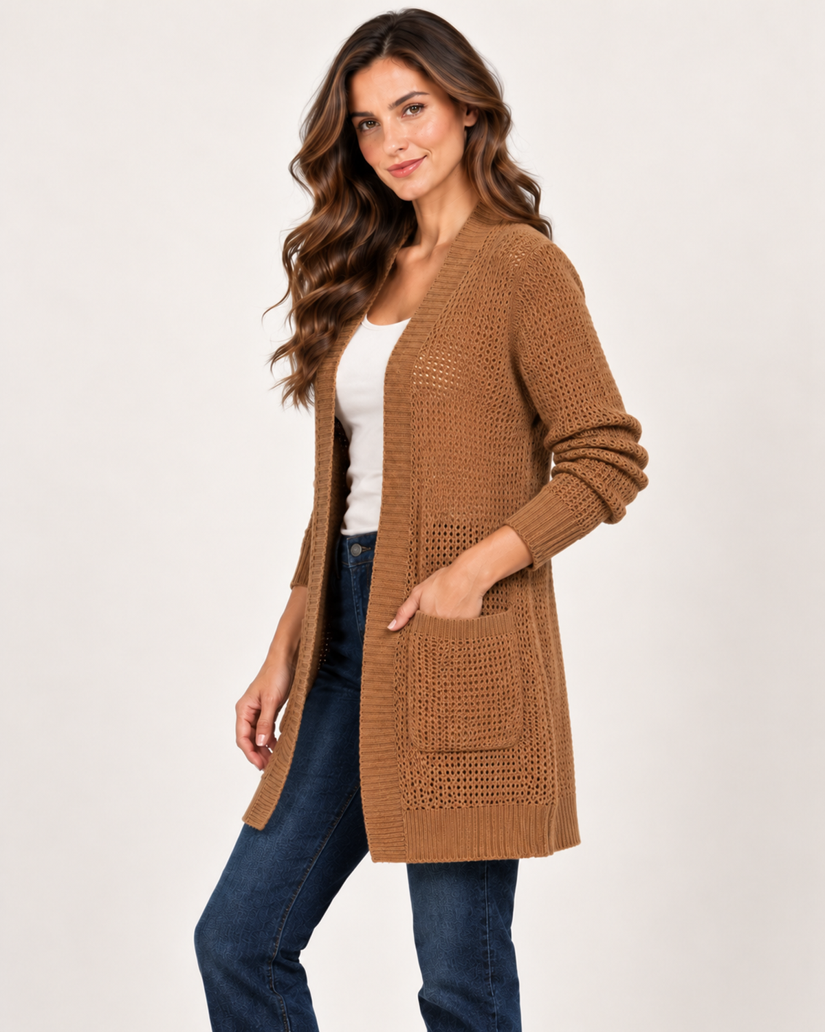 Women's brown open front coatigan side view