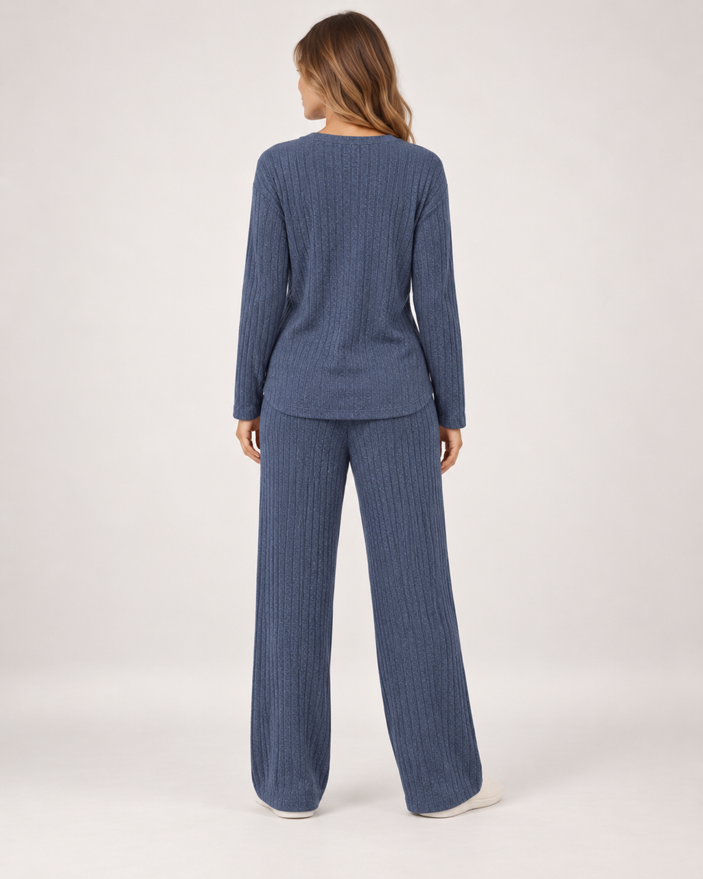 Women’s Pyjama Set with Ribbed Finish and Wide-Leg Trousers in Navy Blue, three quarter body view
