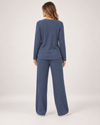 Women’s Pyjama Set with Ribbed Finish and Wide-Leg Trousers in Navy Blue, three quarter body view