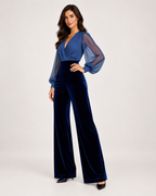 Women’s Wide Leg Jumpsuit with V Neck and Sheer Sleeves in Navy Blue, three quarter body view
